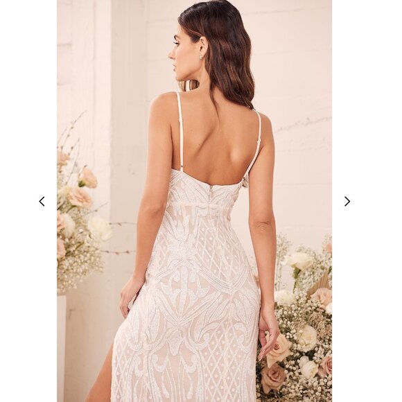 Lulus - Destined for Romance Beige and White Sequin Maxi Dress - Picture 4 of 5
